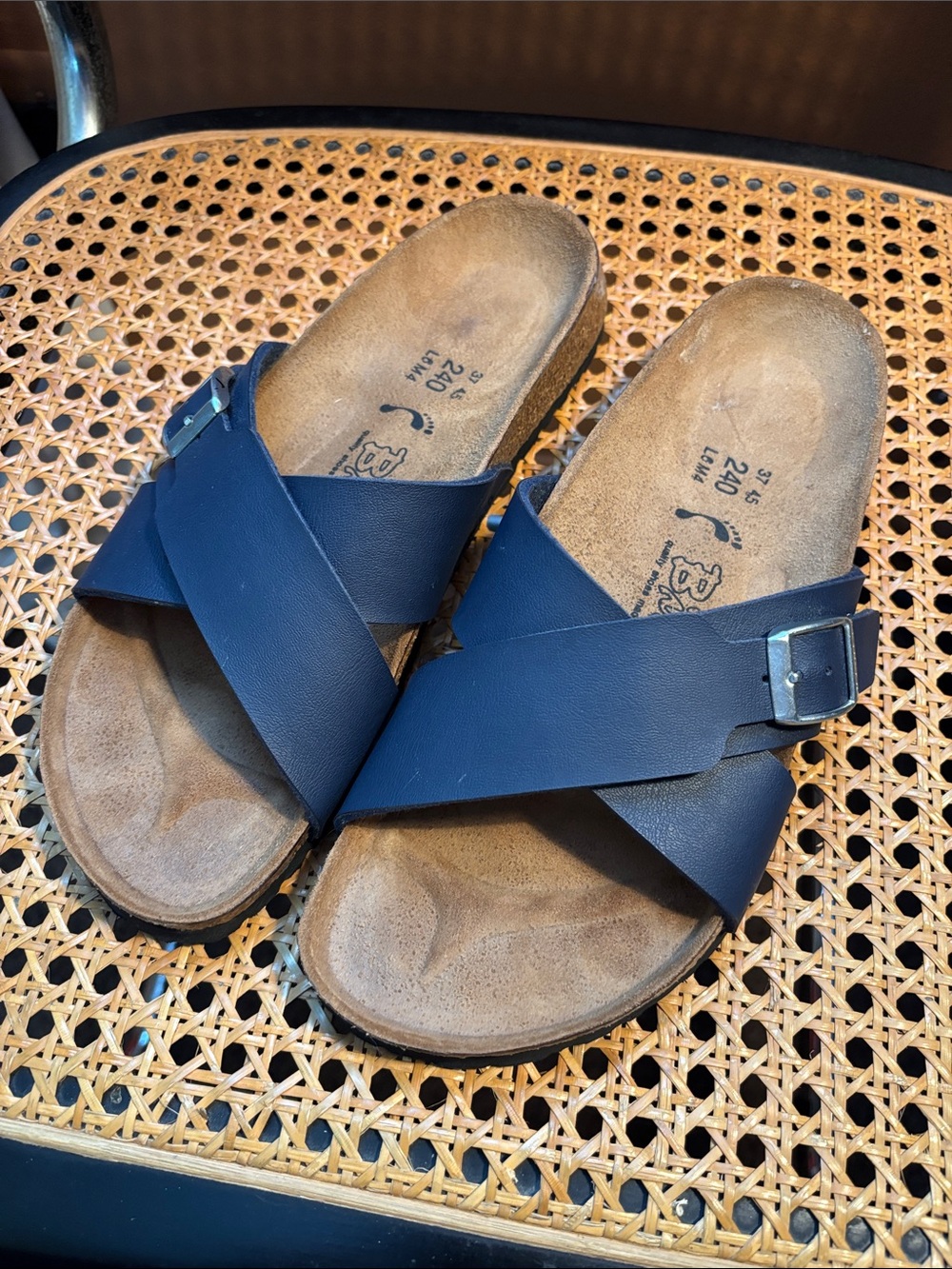 Birkis Criss-Cross Slide Sandals in Navy Blue
